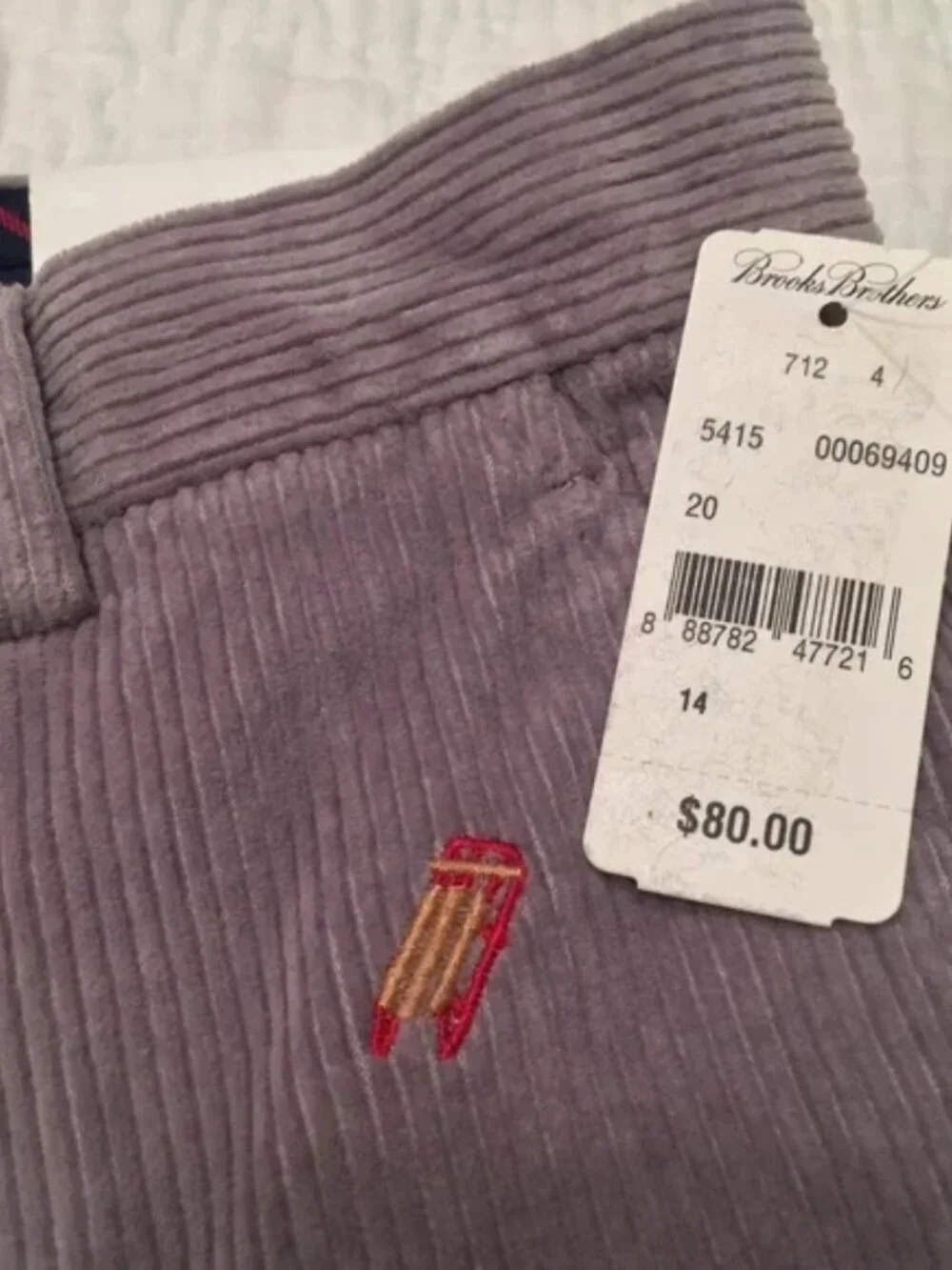 NWT Brooks Brothers grey cotton embroidered sled winter corduroy pants